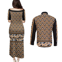 New Zealand Maori Niho Taniwha Couples Matching Puletasi and Long Sleeve Button Shirt Karaka Mangopare and Puhoro Pattern LT9 - Polynesian Pride