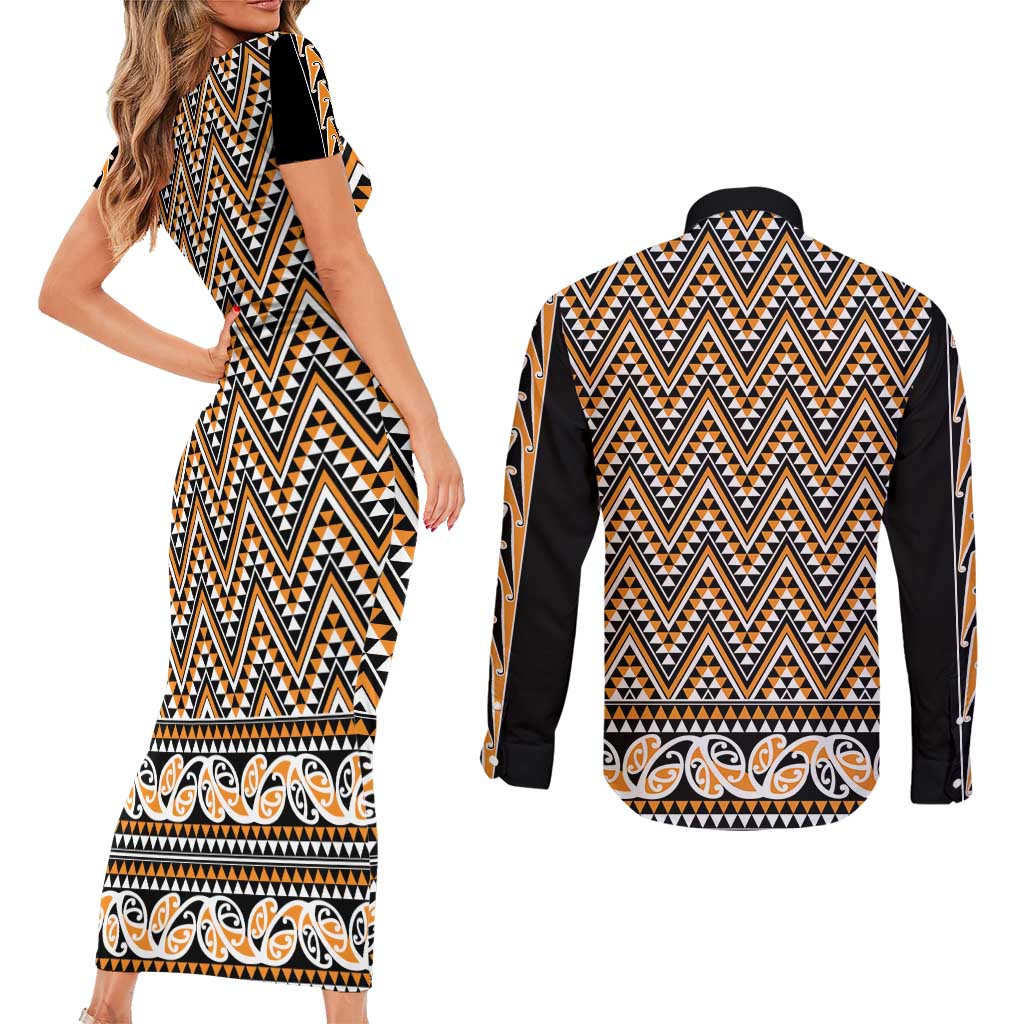 New Zealand Maori Niho Taniwha Couples Matching Short Sleeve Bodycon Dress and Long Sleeve Button Shirt Karaka Mangopare and Puhoro Pattern LT9 - Polynesian Pride
