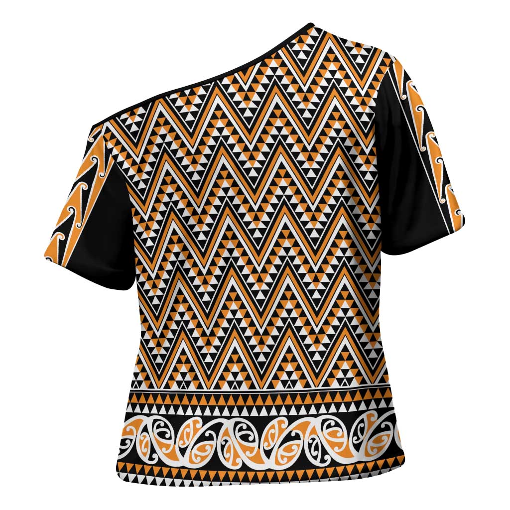 New Zealand Maori Niho Taniwha Cross Shoulder Shirt Karaka Mangopare and Puhoro Pattern - Polynesian Pride