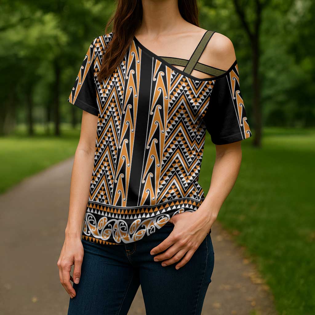 New Zealand Maori Niho Taniwha Cross Shoulder Shirt Karaka Mangopare and Puhoro Pattern - Polynesian Pride