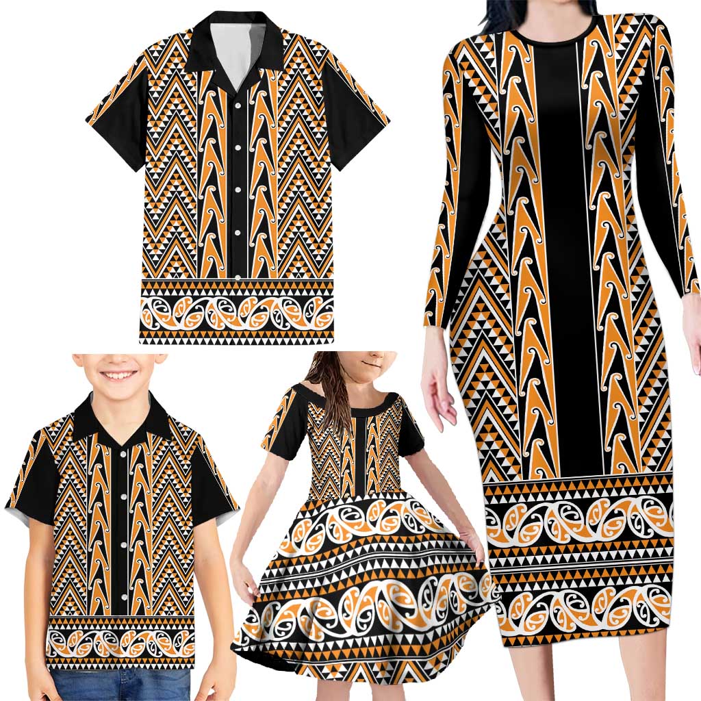 New Zealand Maori Niho Taniwha Family Matching Long Sleeve Bodycon Dress and Hawaiian Shirt Karaka Mangopare and Puhoro Pattern