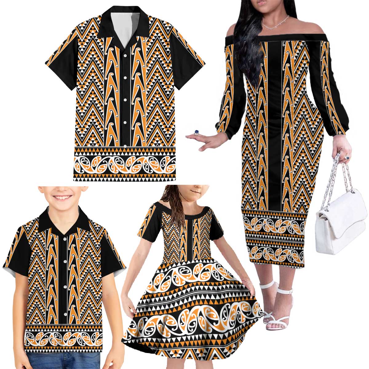 New Zealand Maori Niho Taniwha Family Matching Off The Shoulder Long Sleeve Dress and Hawaiian Shirt Karaka Mangopare and Puhoro Pattern