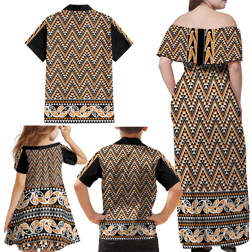 New Zealand Maori Niho Taniwha Family Matching Off Shoulder Maxi Dress and Hawaiian Shirt Karaka Mangopare and Puhoro Pattern