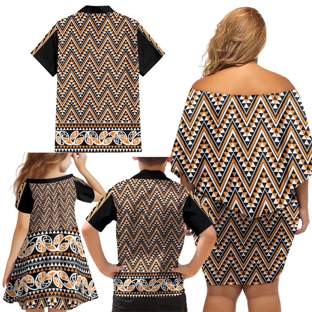 New Zealand Maori Niho Taniwha Family Matching Off Shoulder Short Dress and Hawaiian Shirt Karaka Mangopare and Puhoro Pattern
