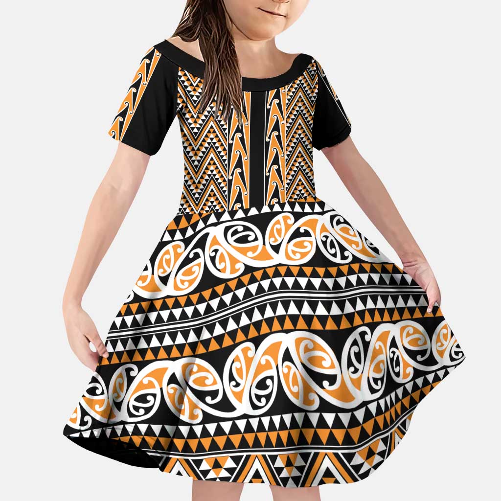 New Zealand Maori Niho Taniwha Family Matching Puletasi and Hawaiian Shirt Karaka Mangopare and Puhoro Pattern LT9 Daughter's Dress Gold - Polynesian Pride