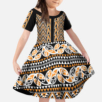 New Zealand Maori Niho Taniwha Family Matching Puletasi and Hawaiian Shirt Karaka Mangopare and Puhoro Pattern LT9 Daughter's Dress Gold - Polynesian Pride