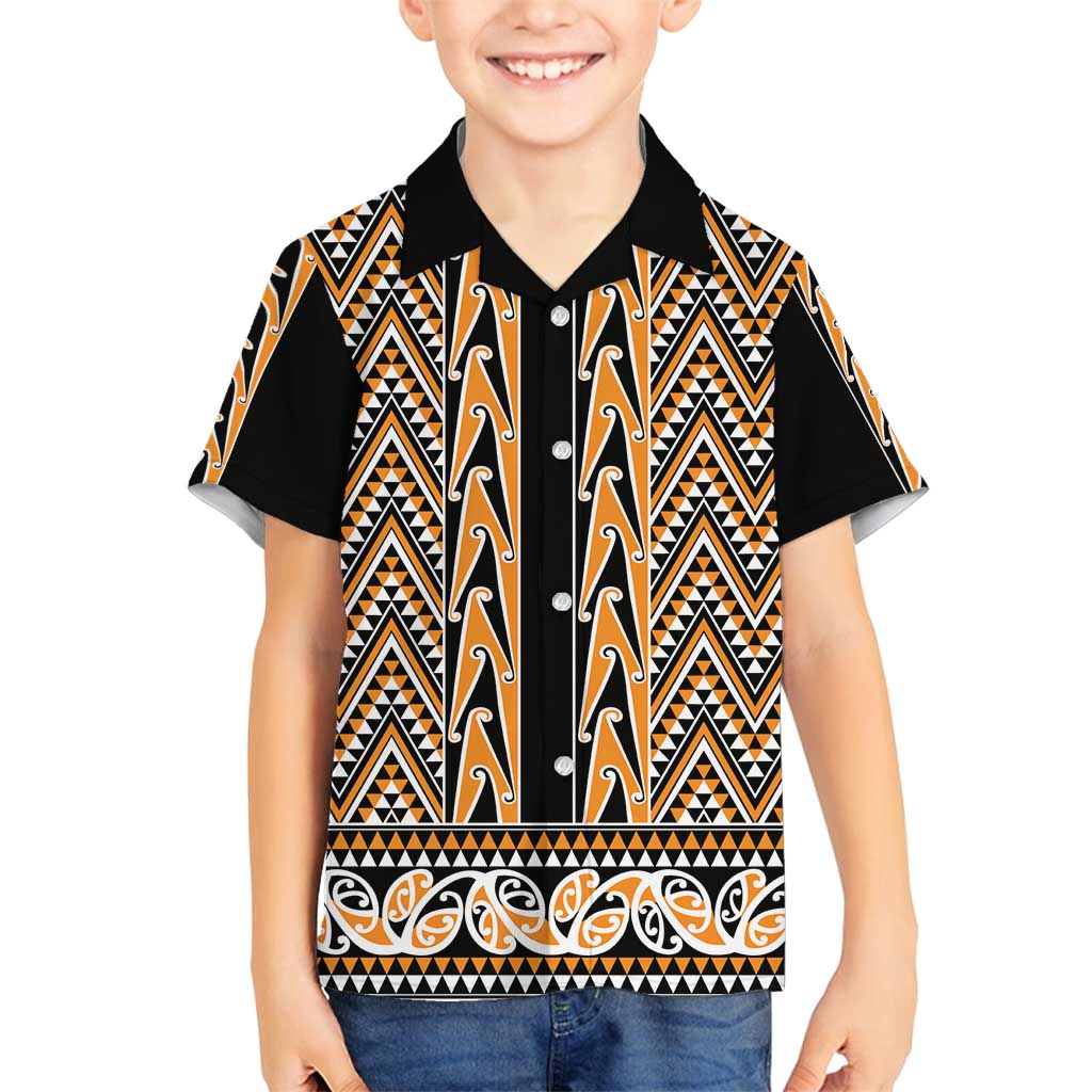 New Zealand Maori Niho Taniwha Family Matching Puletasi and Hawaiian Shirt Karaka Mangopare and Puhoro Pattern LT9 Son's Shirt Gold - Polynesian Pride