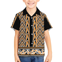 New Zealand Maori Niho Taniwha Family Matching Puletasi and Hawaiian Shirt Karaka Mangopare and Puhoro Pattern LT9 Son's Shirt Gold - Polynesian Pride