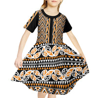 New Zealand Maori Niho Taniwha Kid Short Sleeve Dress Karaka Mangopare and Puhoro Pattern