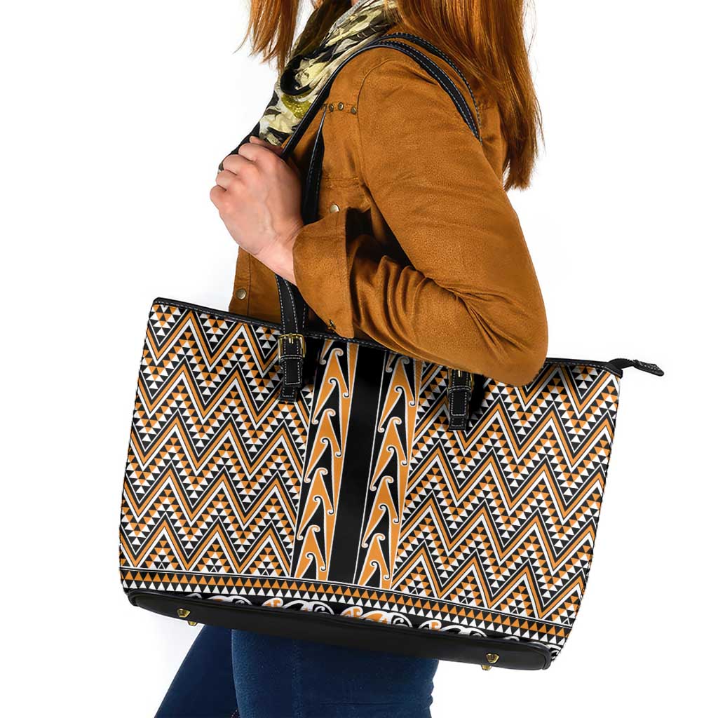 New Zealand Maori Niho Taniwha Leather Tote Bag Karaka Mangopare and Puhoro Pattern LT9 Gold - Polynesian Pride