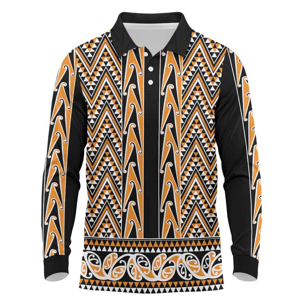 New Zealand Maori Niho Taniwha Long Sleeve Polo Shirt Karaka Mangopare and Puhoro Pattern