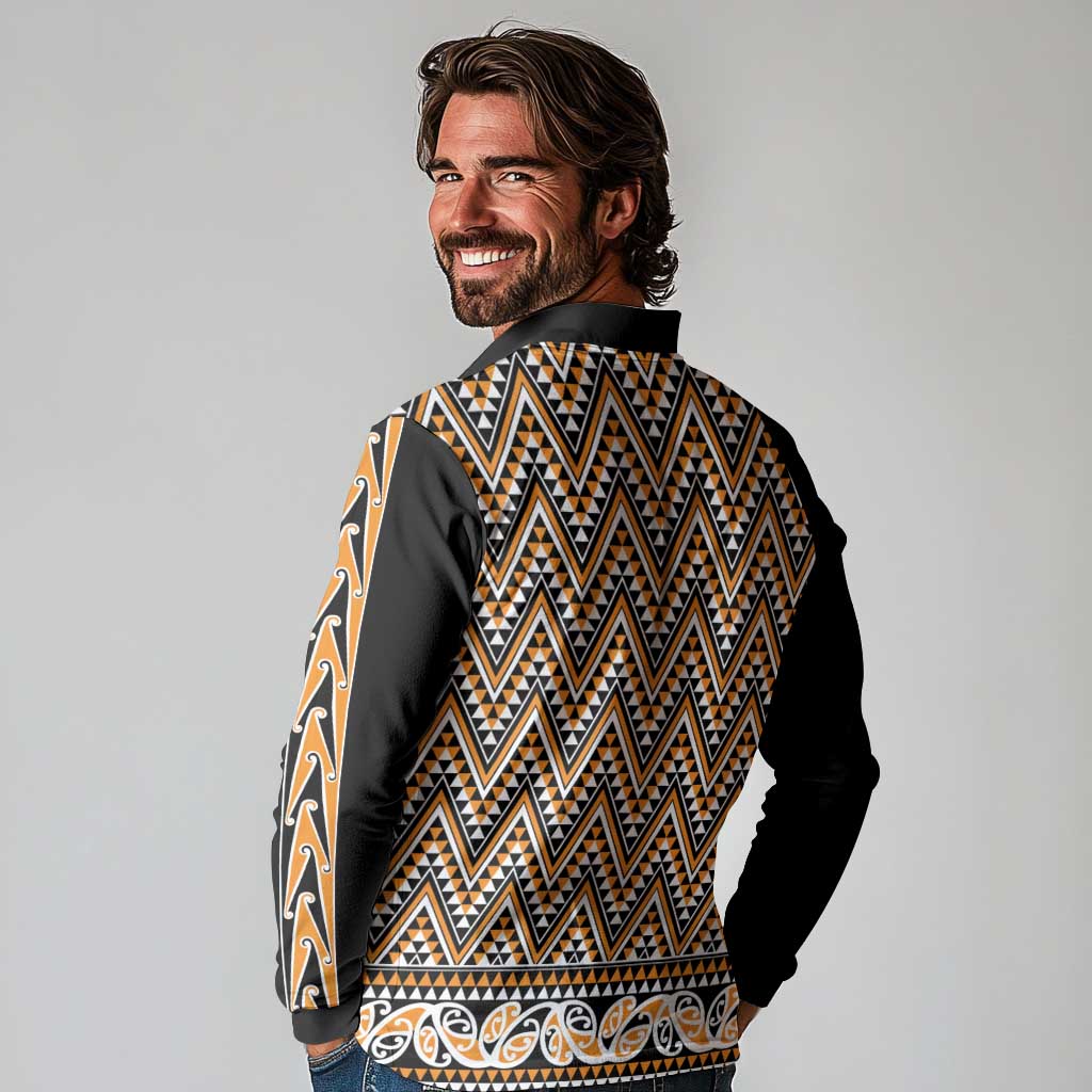 New Zealand Maori Niho Taniwha Long Sleeve Polo Shirt Karaka Mangopare and Puhoro Pattern