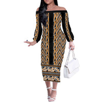 New Zealand Maori Niho Taniwha Off The Shoulder Long Sleeve Dress Karaka Mangopare and Puhoro Pattern