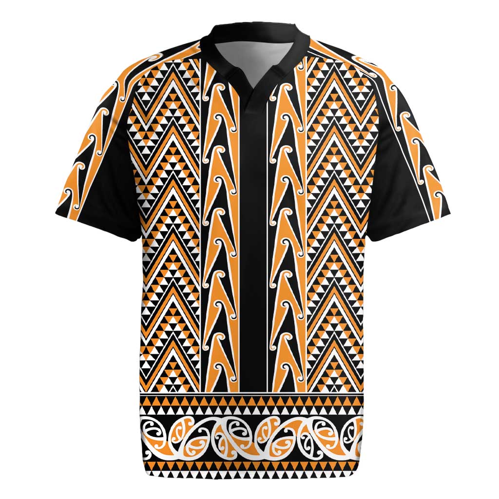 New Zealand Maori Niho Taniwha Rugby Jersey Karaka Mangopare and Puhoro Pattern LT9 Gold - Polynesian Pride