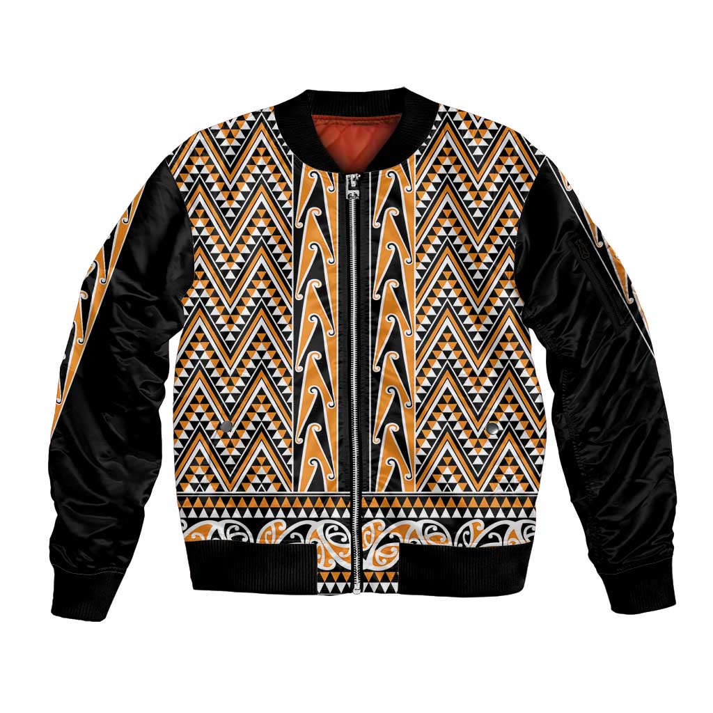 New Zealand Maori Niho Taniwha Sleeve Zip Bomber Jacket Karaka Mangopare and Puhoro Pattern LT9 Unisex Gold - Polynesian Pride