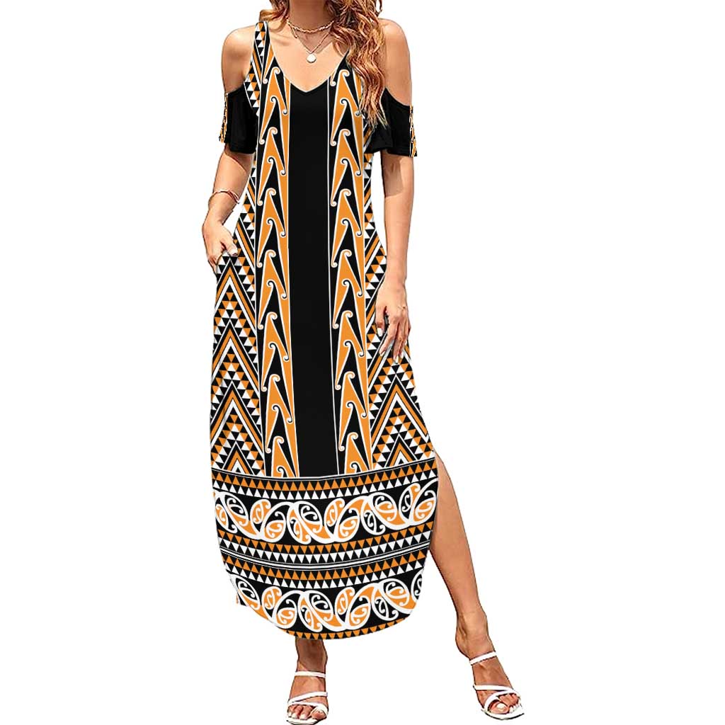 New Zealand Maori Niho Taniwha Summer Maxi Dress Karaka Mangopare and Puhoro Pattern