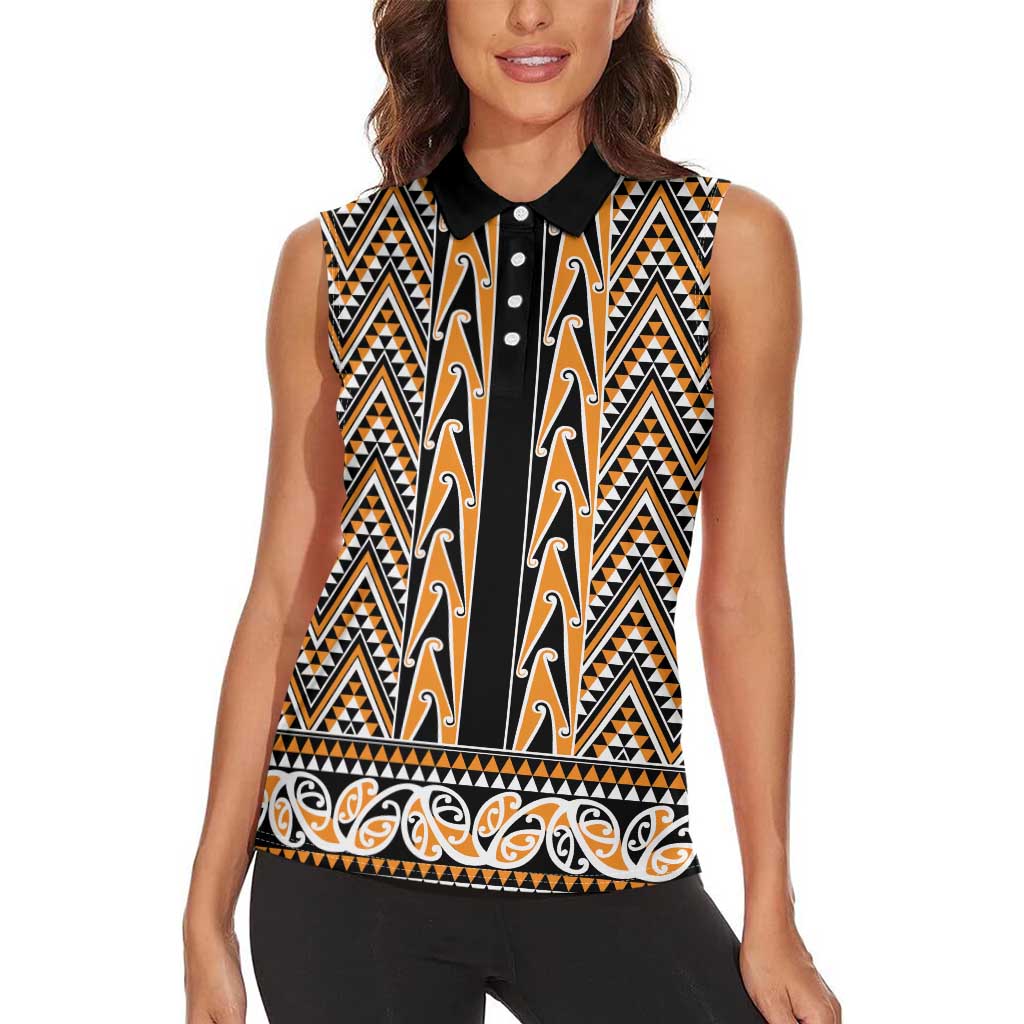 New Zealand Maori Niho Taniwha Women Sleeveless Polo Shirt Karaka Mangopare and Puhoro Pattern
