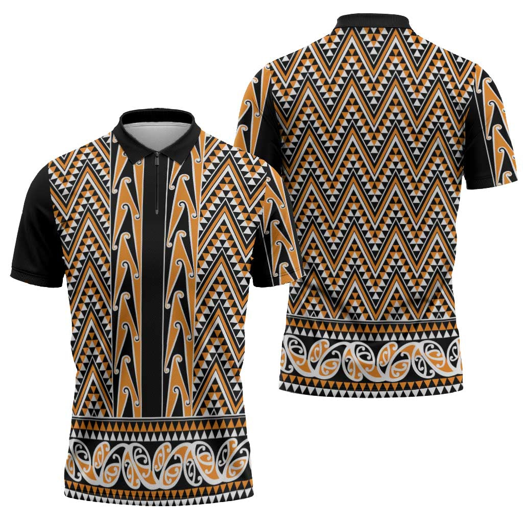 New Zealand Maori Niho Taniwha Zipper Polo Shirt Karaka Mangopare and Puhoro Pattern - Polynesian Pride