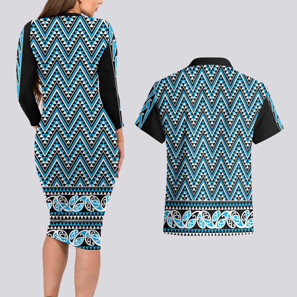 New Zealand Maori Niho Taniwha Couples Matching Long Sleeve Bodycon Dress and Hawaiian Shirt Kikorangi Mangopare and Puhoro Pattern