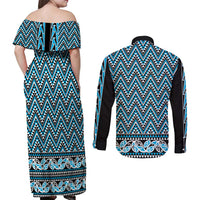 New Zealand Maori Niho Taniwha Couples Matching Off Shoulder Maxi Dress and Long Sleeve Button Shirt Kikorangi Mangopare and Puhoro Pattern LT9 - Polynesian Pride