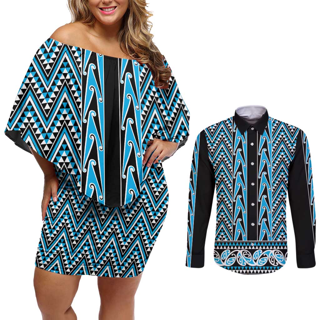 New Zealand Maori Niho Taniwha Couples Matching Off Shoulder Short Dress and Long Sleeve Button Shirt Kikorangi Mangopare and Puhoro Pattern LT9 Blue - Polynesian Pride