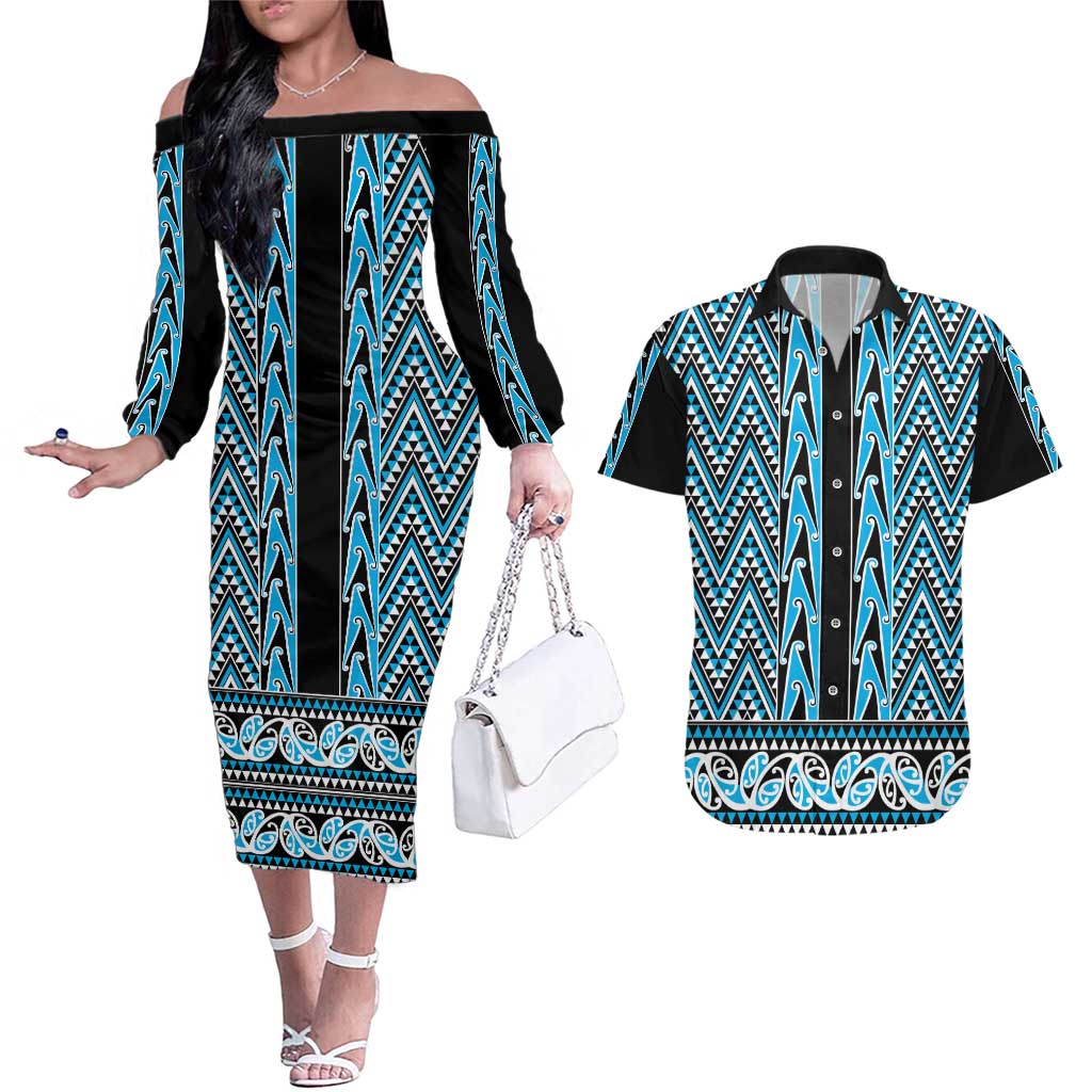 New Zealand Maori Niho Taniwha Couples Matching Off The Shoulder Long Sleeve Dress and Hawaiian Shirt Kikorangi Mangopare and Puhoro Pattern