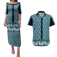 New Zealand Maori Niho Taniwha Couples Matching Puletasi and Hawaiian Shirt Kikorangi Mangopare and Puhoro Pattern LT9 Blue - Polynesian Pride