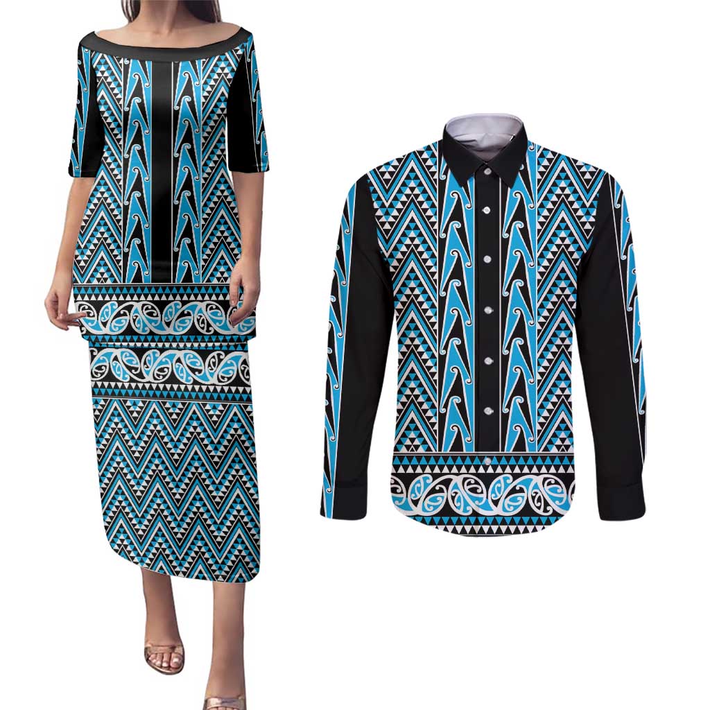 New Zealand Maori Niho Taniwha Couples Matching Puletasi and Long Sleeve Button Shirt Kikorangi Mangopare and Puhoro Pattern LT9 Blue - Polynesian Pride