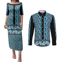 New Zealand Maori Niho Taniwha Couples Matching Puletasi and Long Sleeve Button Shirt Kikorangi Mangopare and Puhoro Pattern LT9 Blue - Polynesian Pride