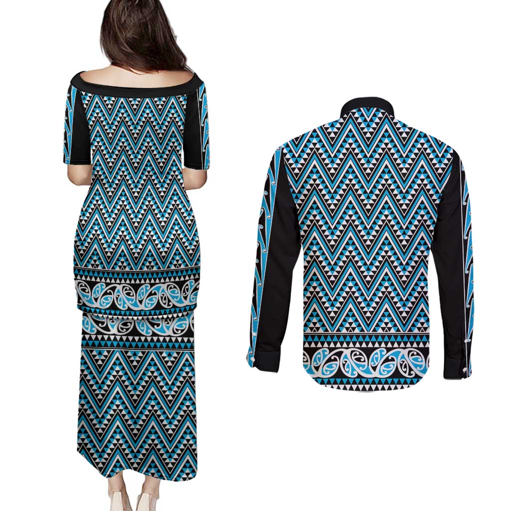 New Zealand Maori Niho Taniwha Couples Matching Puletasi and Long Sleeve Button Shirt Kikorangi Mangopare and Puhoro Pattern LT9 - Polynesian Pride