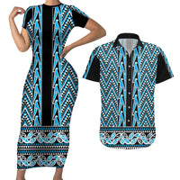 New Zealand Maori Niho Taniwha Couples Matching Short Sleeve Bodycon Dress and Hawaiian Shirt Kikorangi Mangopare and Puhoro Pattern