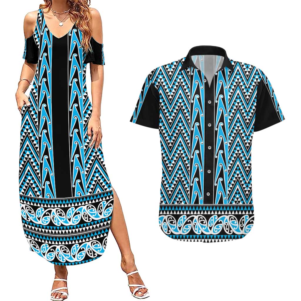 New Zealand Maori Niho Taniwha Couples Matching Summer Maxi Dress and Hawaiian Shirt Kikorangi Mangopare and Puhoro Pattern