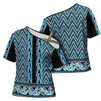 New Zealand Maori Niho Taniwha Cross Shoulder Shirt Kikorangi Mangopare and Puhoro Pattern - Polynesian Pride