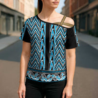 New Zealand Maori Niho Taniwha Cross Shoulder Shirt Kikorangi Mangopare and Puhoro Pattern - Polynesian Pride