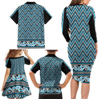 New Zealand Maori Niho Taniwha Family Matching Long Sleeve Bodycon Dress and Hawaiian Shirt Kikorangi Mangopare and Puhoro Pattern