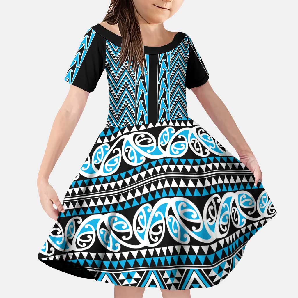 New Zealand Maori Niho Taniwha Family Matching Mermaid Dress and Hawaiian Shirt Kikorangi Mangopare and Puhoro Pattern LT9 Daughter's Dress Blue - Polynesian Pride