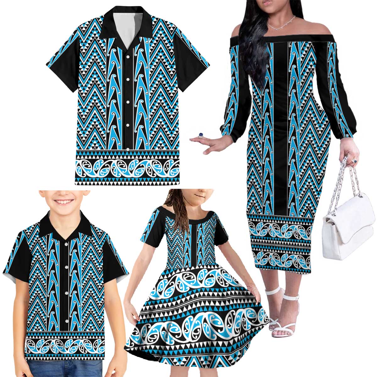 New Zealand Maori Niho Taniwha Family Matching Off The Shoulder Long Sleeve Dress and Hawaiian Shirt Kikorangi Mangopare and Puhoro Pattern
