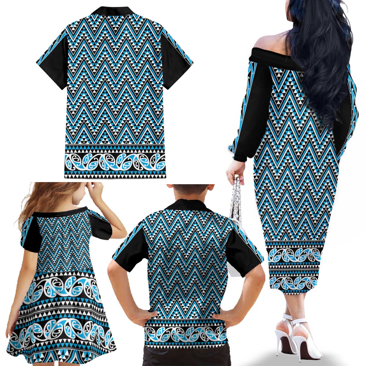New Zealand Maori Niho Taniwha Family Matching Off The Shoulder Long Sleeve Dress and Hawaiian Shirt Kikorangi Mangopare and Puhoro Pattern