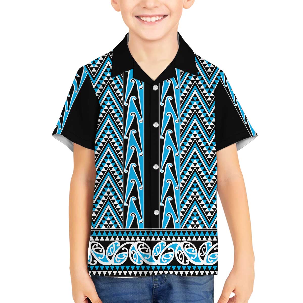 New Zealand Maori Niho Taniwha Family Matching Off The Shoulder Long Sleeve Dress and Hawaiian Shirt Kikorangi Mangopare and Puhoro Pattern