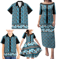 New Zealand Maori Niho Taniwha Family Matching Puletasi and Hawaiian Shirt Kikorangi Mangopare and Puhoro Pattern LT9 - Polynesian Pride