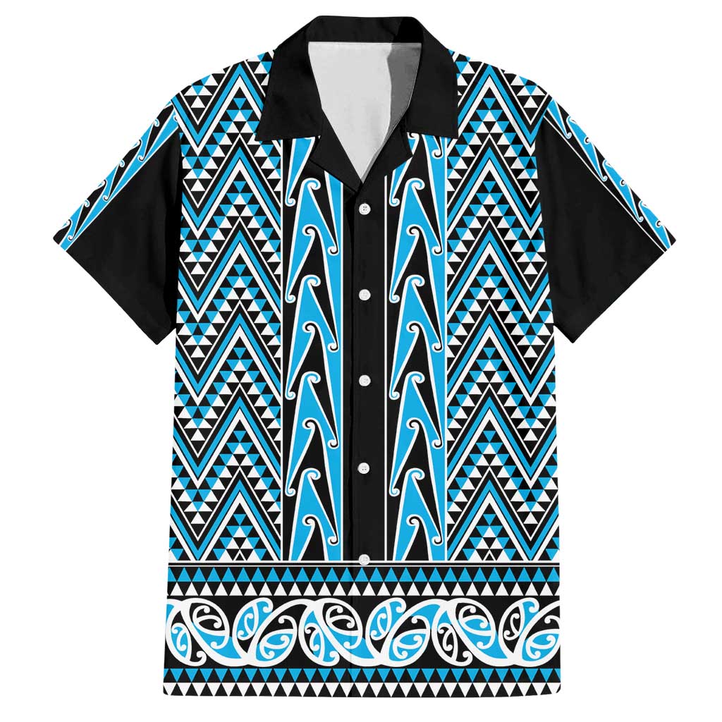 New Zealand Maori Niho Taniwha Family Matching Puletasi and Hawaiian Shirt Kikorangi Mangopare and Puhoro Pattern LT9 Dad's Shirt - Short Sleeve Blue - Polynesian Pride