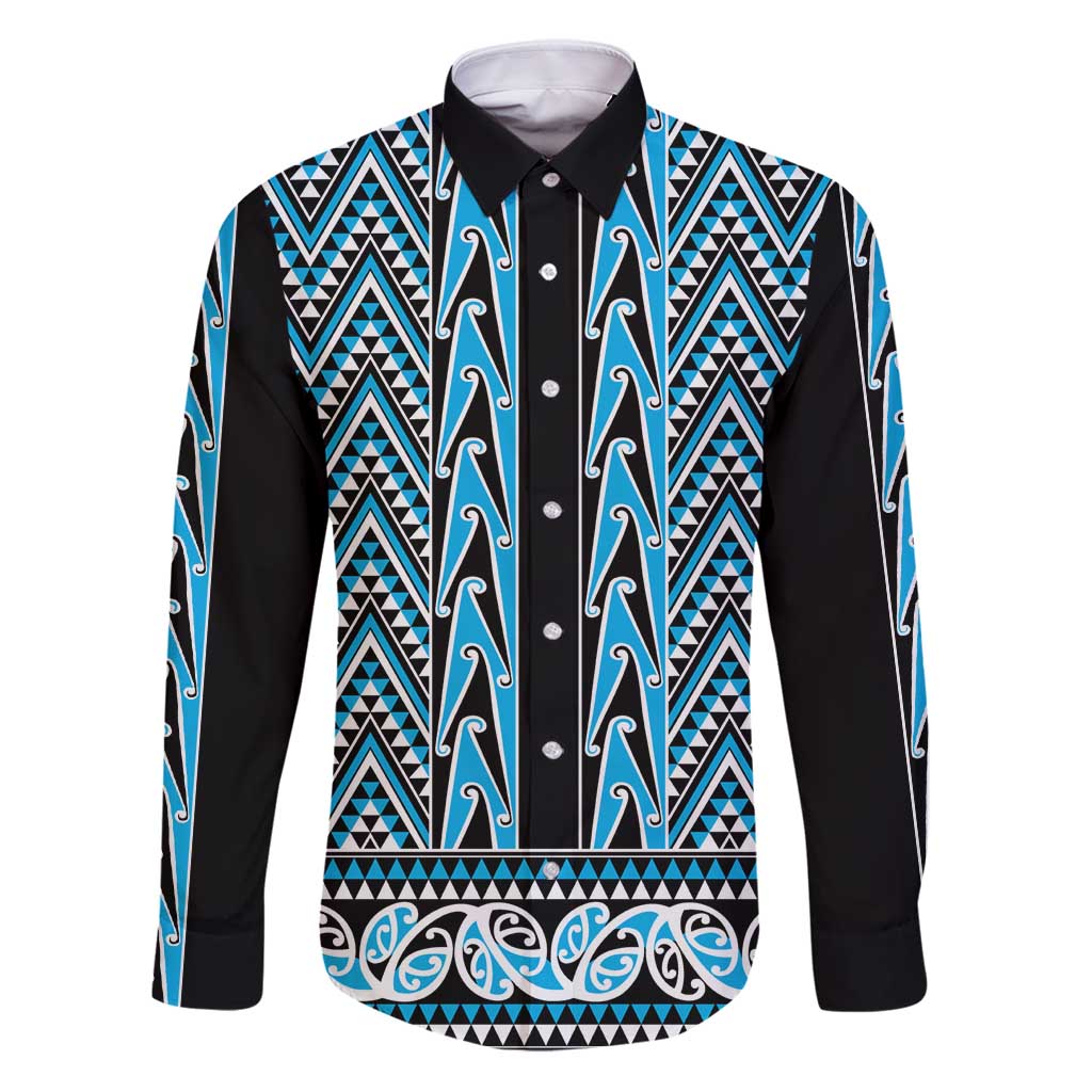 New Zealand Maori Niho Taniwha Family Matching Puletasi and Hawaiian Shirt Kikorangi Mangopare and Puhoro Pattern LT9 Dad's Shirt - Long Sleeve Blue - Polynesian Pride