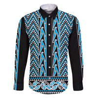 New Zealand Maori Niho Taniwha Family Matching Puletasi and Hawaiian Shirt Kikorangi Mangopare and Puhoro Pattern LT9 Dad's Shirt - Long Sleeve Blue - Polynesian Pride