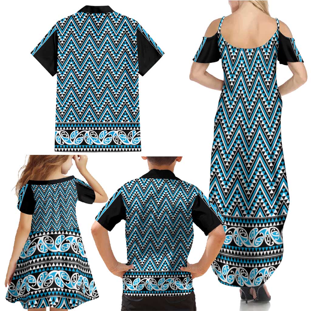 New Zealand Maori Niho Taniwha Family Matching Summer Maxi Dress and Hawaiian Shirt Kikorangi Mangopare and Puhoro Pattern LT9 - Polynesian Pride