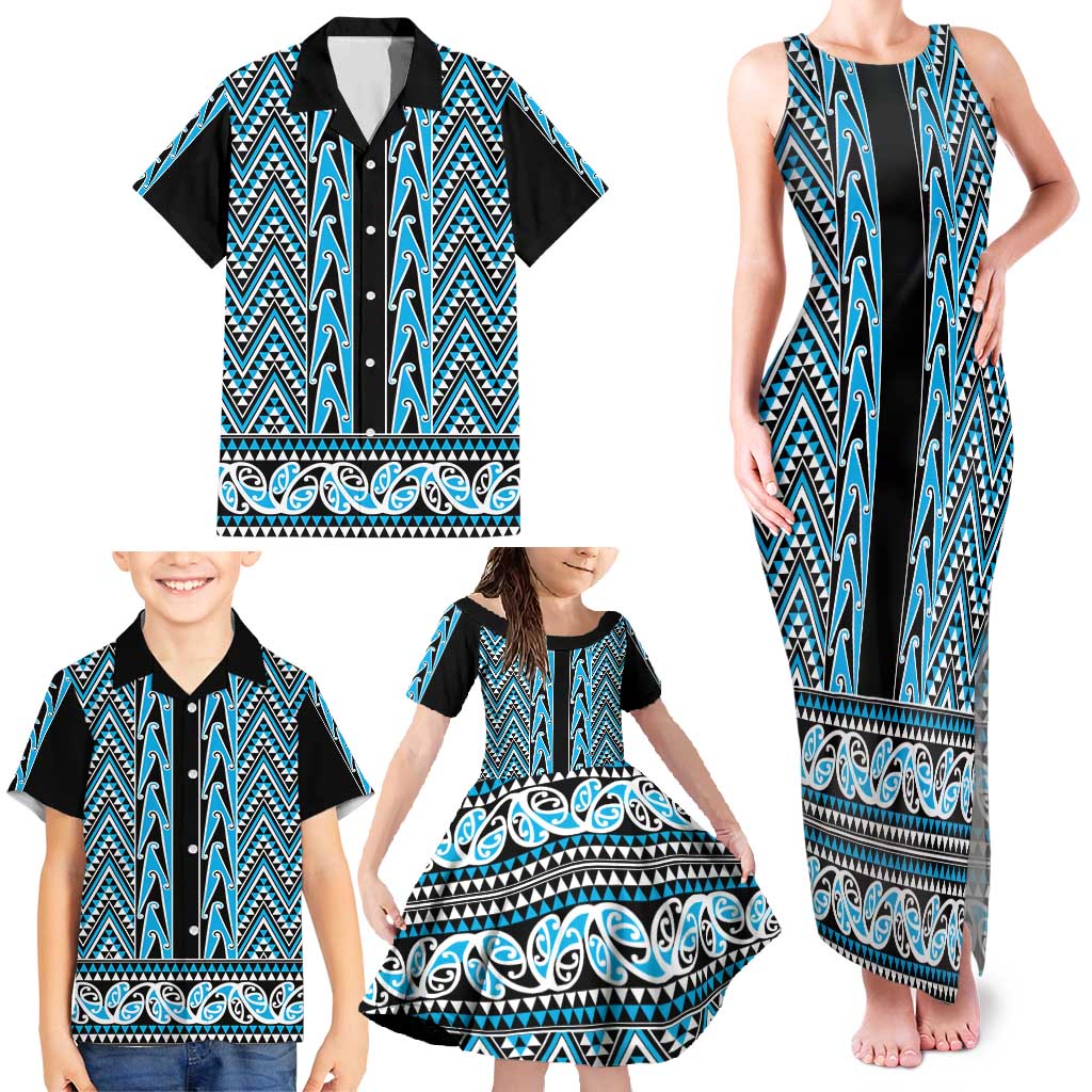 New Zealand Maori Niho Taniwha Family Matching Tank Maxi Dress and Hawaiian Shirt Kikorangi Mangopare and Puhoro Pattern LT9 - Polynesian Pride