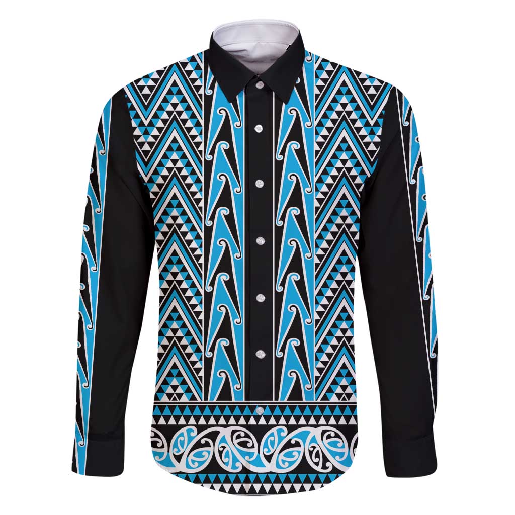 New Zealand Maori Niho Taniwha Family Matching Tank Maxi Dress and Hawaiian Shirt Kikorangi Mangopare and Puhoro Pattern LT9 Dad's Shirt - Long Sleeve Blue - Polynesian Pride