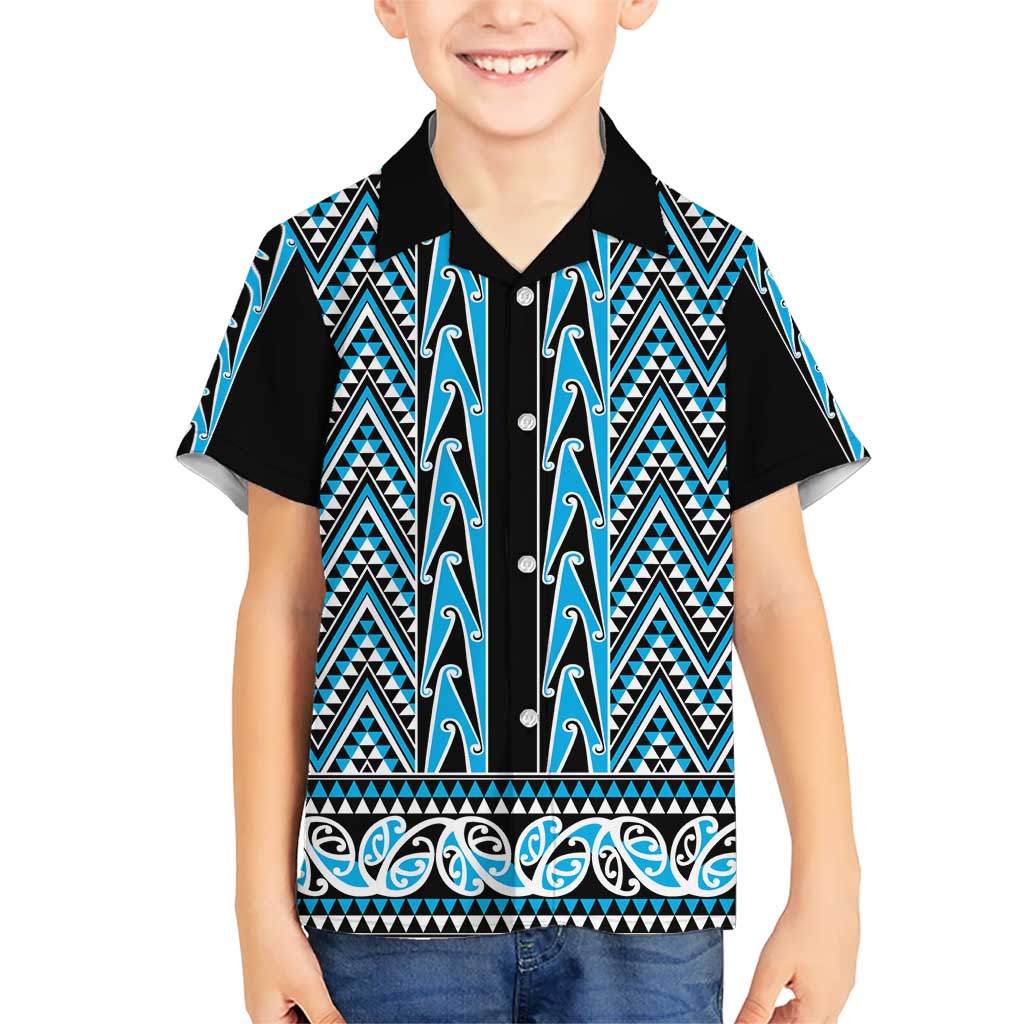New Zealand Maori Niho Taniwha Kid Hawaiian Shirt Kikorangi Mangopare and Puhoro Pattern LT9 Kid Blue - Polynesian Pride