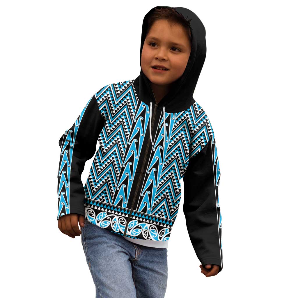 New Zealand Maori Niho Taniwha Kid Hoodie Kikorangi Mangopare and Puhoro Pattern