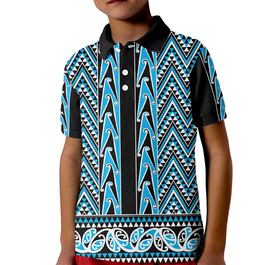 New Zealand Maori Niho Taniwha Kid Polo Shirt Kikorangi Mangopare and Puhoro Pattern LT9 Kid Blue - Polynesian Pride
