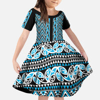 New Zealand Maori Niho Taniwha Kid Short Sleeve Dress Kikorangi Mangopare and Puhoro Pattern